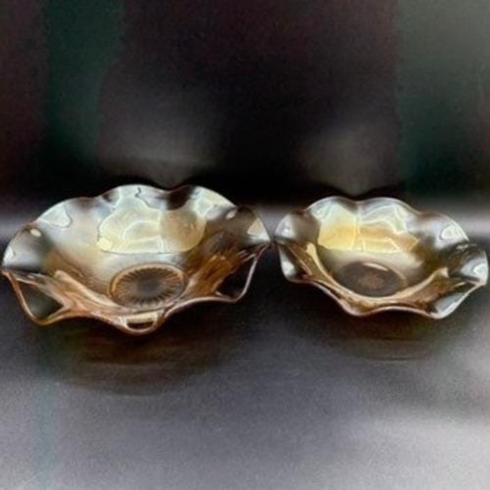 Vintage‎ Carnival Glass Ruffled Bowls Set of 2 Iridescent Iris Pattern Jeannette